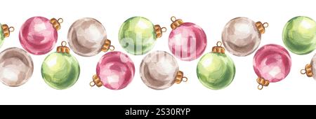 Palle dell'albero di Natale bordo senza cuciture, giocattoli rosso verde argento. Decorazioni luminose e colorate per l'anno nuovo. Illustrazione ad acquerello disegnata a mano isolata su Foto Stock