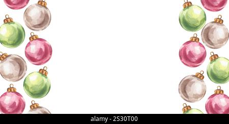 Telaio per striscioni palle albero di Natale, giocattoli rosso verde argento. Decorazioni luminose e colorate per l'anno nuovo. Illustrazione ad acquerello disegnata a mano isolata su Foto Stock