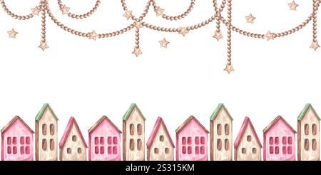 Cittadina cittadina di villetta in legno, bandiera di confine senza cuciture. Ciondoli con perline, stelle nel cielo. Arredamento per Natale, Capodanno. Acquerello disegnato a mano Foto Stock