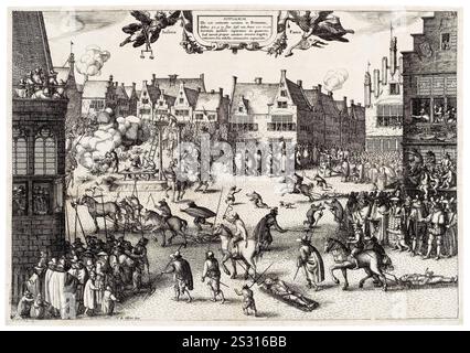 The Execution of the Conspirators in the Gunpowder Plot (Death of Guy Fawkes), incisione di Claes Jansz Visscher, 1606 Foto Stock