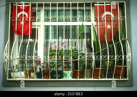 Balat, Istanbul, Turchia - 1 dicembre 2024: Piante decorative in vaso e bandiere turche dietro una griglia di sicurezza vintage sulla finestra Foto Stock