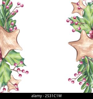 Cornice quadrata di Natale rami di pino di abete con stella di legno, bacche rosse agrifoglio, ramoscello ilex. Composizione floreale botanica. Simboli del nuovo anno. Mano Foto Stock