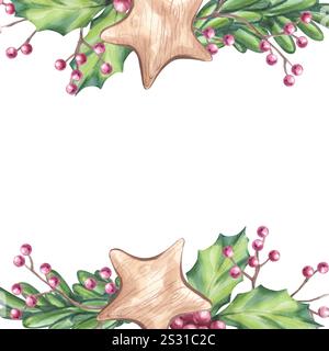Cornice quadrata di Natale rami di pino di abete con stella di legno, bacche rosse agrifoglio, ramoscello ilex. Composizione floreale botanica. Simboli del nuovo anno. Mano Foto Stock