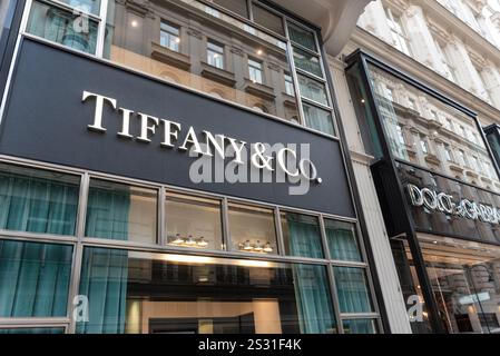 Vienna, Austria. 15 ottobre 2024 il negozio Tiffany and Co e il cartello del marchio, un negozio di gioielli e regali di lusso nel quartiere centrale dello shopping di vi Foto Stock