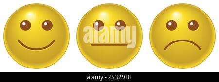 set di icone emoticon, tre emoji: felice, triste e neutro, simbolo del volto sorridente, illustrazione vettoriale a colori Illustrazione Vettoriale