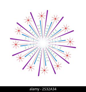 Fuochi d'artificio con brillanti raggi scintillanti. Icona luminosa colorata con design a cerchio luminoso. Grafica in sequenza astratta per disegni ispirati all'esplosione su sfondo bianco Illustrazione Vettoriale