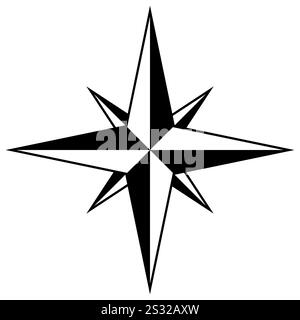 Simbolo della rosa della bussola, forma a stella vettoriale in bianco e nero con quattro direzioni cardinali Illustrazione Vettoriale