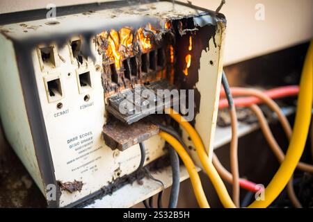 Combustione del quadro elettrico da sovraccarico o cortocircuito sulla parete. Interruttori automatici in caso di incendio e fumo causato da surriscaldamento a causa di un collegamento scadente. Rete neurale Foto Stock