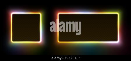 Cornici quadrate e rettangolari brillanti al neon. Laser fluorescenti a LED multicolore isolati su sfondo nero. Illustrazione vettoriale 3D. Illustrazione Vettoriale