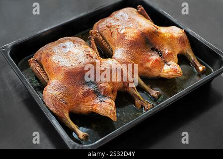 Tradizionale anatra ripiena arrosto nel vassoio del forno Cena del Ringraziamento o di Natale. Foto Stock