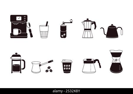 Elementi della caffetteria. Macchina per caffè cartoni animati, tazza, pentola e macinacaffè, attrezzatura disegnata a mano per preparare bevande al caffè, menu da caffetteria. Vettore isolato Foto Stock