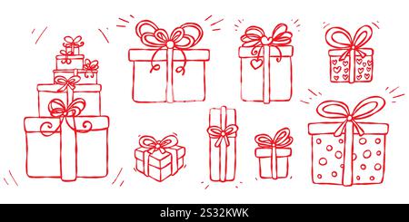Set di confezioni regalo Doodle. Una varietà di scatole regalo decorate con nastri e archi. Illustrazione Vettoriale
