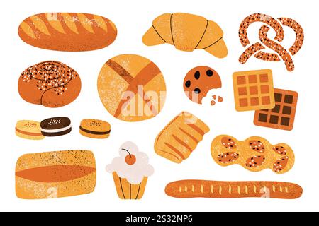 Set di prodotti da forno e pasticceria. Assortimento di pane, panini, torte e dolci dolci, prodotti appena sfornati, croissant, bagel, pretzel, toast. Cartone animato vettoriale piatto Illustrazione Vettoriale