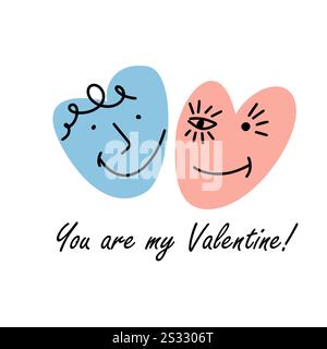 Sei il mio San Valentino. Due cuori felici. Buona carta di San Valentino. disegnato a mano. Non ai, illustrazione vettoriale. Illustrazione Vettoriale