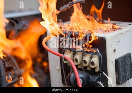 Combustione del quadro elettrico da sovraccarico o cortocircuito sulla parete. Interruttori automatici in caso di incendio e fumo causato da surriscaldamento a causa di un collegamento scadente. Rete neurale Foto Stock