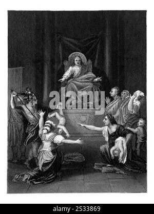 Illustrazione del giudizio di Salomone - due madri che vivevano nella stessa casa avevano ciascuno un figlio neonato uno era morto e ogni madre sosteneva la vita Foto Stock