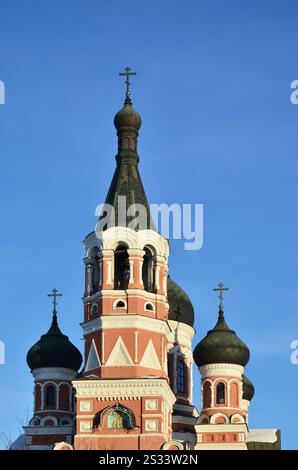 Chiesa di tre santi. Kharkiv. L'Ucraina. Foto dettagliate di chiesa con cupole nere e decori in rilievo durante il giorno all'aperto Foto Stock