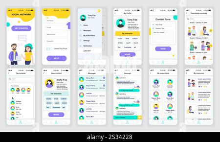 Set di schermate UI, UX, GUI applicazione Social Network modello flat design per app mobili, wireframe di siti Web dinamici. Kit interfaccia utente Web design. Rete sociale D Foto Stock