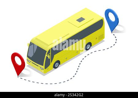 Bus giallo con marcatori di posizione. Vettore isometrico di un autobus giallo che viaggia con marcatori di posizione rossi e blu, che simboleggiano la navigazione del percorso. Illustrazione Vettoriale