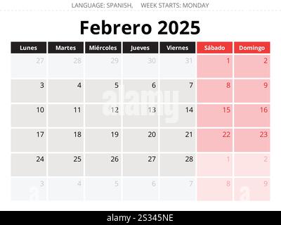Calendario mensile febbraio 2025 spagnolo - febrero. Illustrazioni vettoriali per il mese per la Spagna Illustrazione Vettoriale