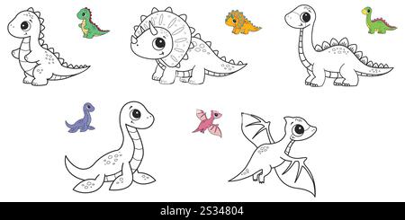 Set di pagine colorate con dinosauri. Illustrazione vettoriale. Illustrazione Vettoriale