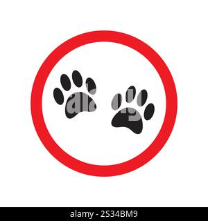 Impronta del piede del gatto del cane piatto vettoriale in cerchio rosso isolata su sfondo bianco Illustrazione Vettoriale