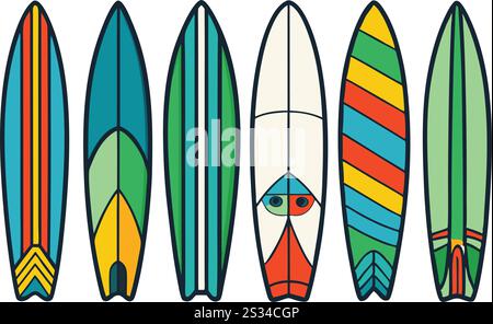 Set di tavole da surf dal design esclusivo con colori e motivi vivaci, ideale per l'estate, il surf e le illustrazioni a tema tropicale Illustrazione Vettoriale