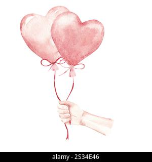 Uomo a mano con palloni ad aria rosa a forma di cuore. Acquerello disegnato a mano per le feste, isolato su sfondo bianco. Per San Valentino e compleanno Foto Stock