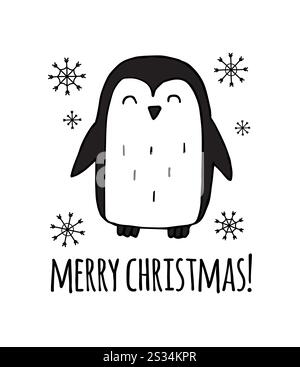 Il doodle disegnato a mano vettoriale disegna il pinguino e le allegre lettere natalizie isolate su sfondo bianco Illustrazione Vettoriale