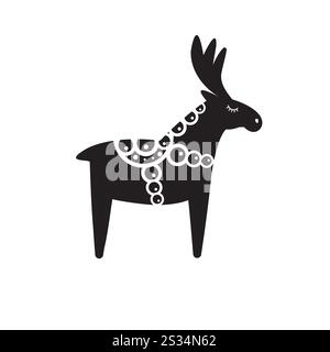 Vector Flat black Scandinavian Dala Deer Moose isolato su sfondo bianco Illustrazione Vettoriale