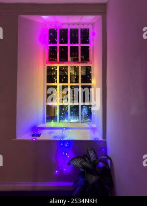 luci di natale colorate arcobaleno all'interno di una tradizionale vetrina di una fattoria georgiana Foto Stock