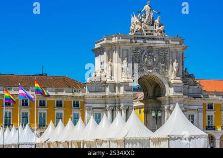 Viste dettagliate della Prac do Comércio (Terreiro do Pac) e dell'arco trionfale di Rua Augusta a Lisbona, Portogallo Foto Stock