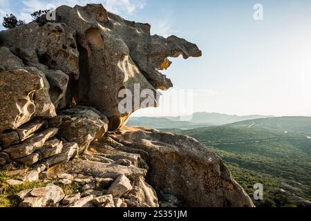 Bizzarre rocce granitiche, roccia dell'Orso, tramonto, Capo d&#39;Orso, Palau, costa Smeralda, Sardegna, Italia Foto Stock