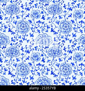 Modello chinoiserie monocromatico blu acquerello senza cuciture Illustrazione Vettoriale