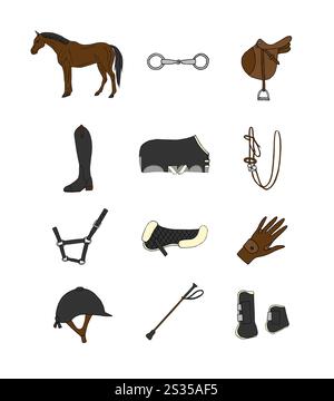 Set vettoriale di disegni a forma di doodle disegnati a mano, icona colorata dell'attrezzatura equestre isolata su sfondo bianco Illustrazione Vettoriale