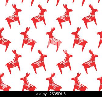Pattern vettoriale senza cuciture di alce rosso scuro piatto scandinavo isolato su sfondo bianco Illustrazione Vettoriale