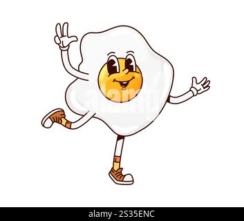 Ottima colazione con uova fritte. Un personaggio di cibo retrò isolato, vettoriale di cartoni animati, rivela un volto felice di tuorlo, augurando buon giorno e diffondendo gioia con entusiasmo. Allegra omelette strapazzate Illustrazione Vettoriale