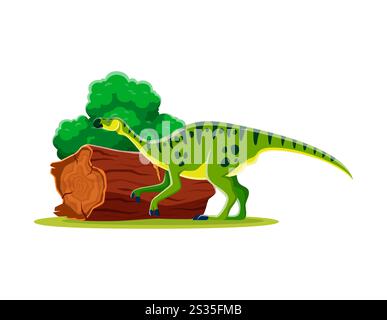 Personaggio dei dinosauri maiasaura preistorici dei cartoni animati. Dino verde vettoriale isolato con macchie in piedi accanto a un ceppo d'albero in un paesaggio erboso. Antico rettile erbivoro del Cretaceo superiore Illustrazione Vettoriale