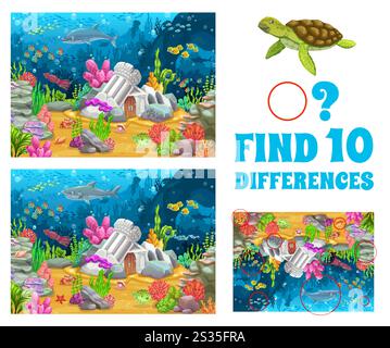 Paesaggio marino sottomarino con città antica abbandonata e rovine, foglio di lavoro vettoriale dei giochi per bambini. Trova dieci differenze e abbina le immagini puzzle quiz con cartoni animati sul fondo dell'oceano, rovine, animali marini e pesci Illustrazione Vettoriale