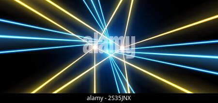 Raggi laser o raggi, linee al neon brillanti, sfondo luminoso e futuristico Illustrazione Vettoriale