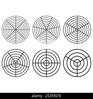 Set di icone di destinazione. Disegni a cerchio concentrico. Contorni neri minimalisti. Forme vettoriali geometriche. Illustrazione Vettoriale