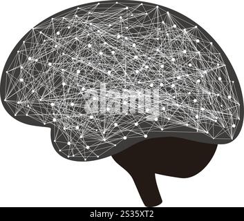 Un cervello con molte linee e punti sopra. Il cervello è bianco e nero. Le linee e i punti sono collegati tra loro Illustrazione Vettoriale