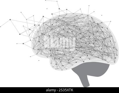 Un cervello con molte linee e punti sopra. Il cervello è bianco e nero. Le linee e i punti sono collegati tra loro Illustrazione Vettoriale