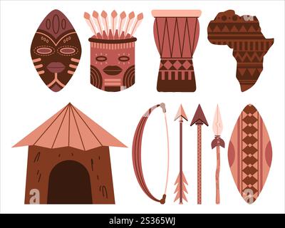 Cultura africana Maasai Spear Bakongo maschere scudo d'arma Africa lance di arco frecce strumento tradizionale di musica a percussione djembe mappa modello culturale Illustrazione Vettoriale