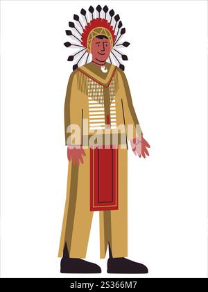 Nativi americani che indossano un abbigliamento tradizionale Apache Indian man character Heritage culture piume accessorio copricapo abbigliamento tribù stile Illustrazione Vettoriale