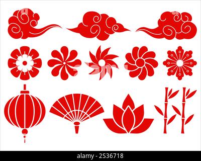 Ornamento culturale tradizionale cinese elementi di tradizione in stile orientale cinese piegano nuvole ventaglio fiori loto ninfee bambù lanterna icone di luce Illustrazione Vettoriale