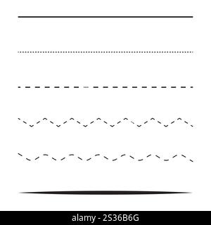 Gruppo vettoriale di linea. Linee tratteggiate e continue. Forme nere minimaliste. Modelli lisci e ondulati. Illustrazione Vettoriale