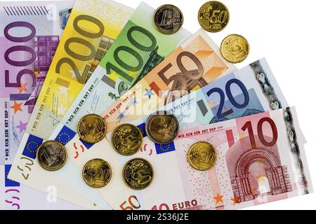 Le banconote in euro giacenti l’una accanto all’altra. Foto simbolica per profitto, fatturato e denaro Austria Foto Stock