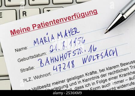 Un testamento vivo in tedesco. Istruzioni per il medico o l'ospedale in caso di malattia terminale. Austria Foto Stock