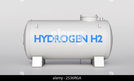 Rendering 3d di un serbatoio cilindrico etichettato "IDROGENO H2" con caratteri blu. Il serbatoio serve per immagazzinare gas idrogeno. Foto Stock